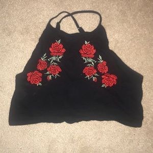 embroidered rose high neck crop top